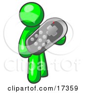 Green Man Holding A Remote Control To A Television Clipart Illustration
