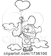 Cartoon Black And White Girl Floating With A Heart Balloon