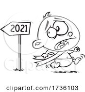 Poster, Art Print Of Cartoon Black And White New Year Baby Running From 2021 In Fear