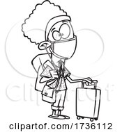 Cartoon Black And White Girl Wearing A Mask And Traveling During Covid