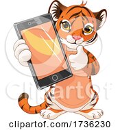 Poster, Art Print Of Cute Tiger Cub Holding Out A Smart Phone Or Tablet