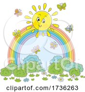 Poster, Art Print Of Cheerful Sun With Butterflies Over A Rainbow