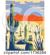 Poster, Art Print Of Saguaro National Park With Giant Saguaro Cactus In Sonoran Desert Pima County Arizona Wpa Poster Art