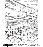 Poster, Art Print Of Mesa Verde National Park In Colorado With Puebloan Cliff Dwellings Woodcut Black And White