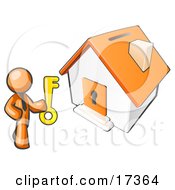 Orange Businessman Holding A Skeleton Key And Standing In Front Of A House With A Coin Slot And Keyhole