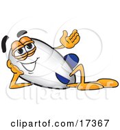 Blimp Mascot Cartoon Character Gesturing With His Hand While Lying On His Side