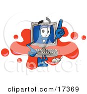 Clipart Picture Of A Desktop Computer Mascot Cartoon Character Standing In Front Of A Red Paint Splatter On A Logo by Toons4Biz
