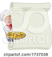Poster, Art Print Of Pizza Chef Cartoon Man Scroll Menu Sign Background