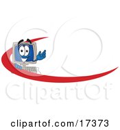 Desktop Computer Mascot Cartoon Character With A Red Dash On An Employee Nametag Or Business Logo