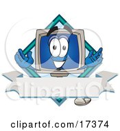 Poster, Art Print Of Desktop Computer Mascot Cartoon Character On A Blank Label With A Blank Banner And Diamond