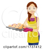Poster, Art Print Of Teen Girl Apron Cupcakes Tray Illustration