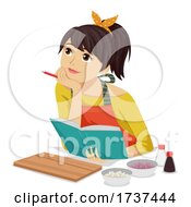 Poster, Art Print Of Teen Girl Think Cook Book Recipe Illustration