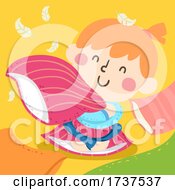 Poster, Art Print Of Kid Girl Squeezing Pillow Feathers Illustration