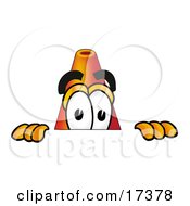 Clipart Picture Of A Traffic Cone Mascot Cartoon Character Peeking Over A Surface by Toons4Biz