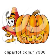 Traffic Cone Mascot Cartoon Character With A Carved Halloween Pumpkin