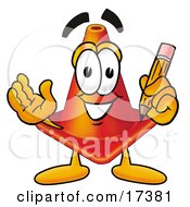Traffic Cone Mascot Cartoon Character Holding A Pencil