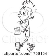 Cartoon Black And White Teen Boy Walking And Snacking by toonaday