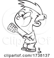 Cartoon Black And White Boy Standing Proud With A Vanquished Fly by toonaday