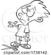 Poster, Art Print Of Cartoon Black And White Boy Crying Over A Scissor Cut