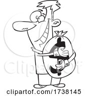 Cartoon Black And White Man Hugging A Money Bag
