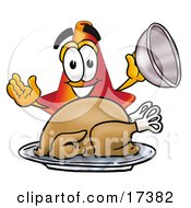 Traffic Cone Mascot Cartoon Character Serving A Thanksgiving Turkey On A Platter