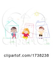 Poster, Art Print Of Kids Draw Chalk Houses Sky Grass Illustration