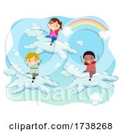 Stickman Kids Ride Unicorn Clouds Illustration