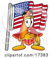 Traffic Cone Mascot Cartoon Character Pledging Allegiance To An American Flag