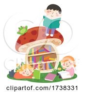 Poster, Art Print Of Kids Read Mushroom Bookshelf Outdoors Illustration