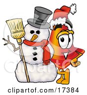 Traffic Cone Mascot Cartoon Character With A Snowman On Christmas