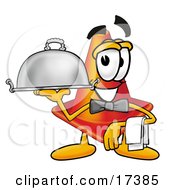 Traffic Cone Mascot Cartoon Character Dressed As A Waiter And Holding A Serving Platter