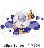 Poster, Art Print Of Eyeball Mascot Cartoon Character Pointing Upwards And Standing In Front Of A Blue Paint Splatter On A Logo