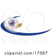 Clipart Picture Of An Eyeball Mascot Cartoon Character Waving And Standing Behind A Blue Dash On An Employee Nametag Or Business Logo