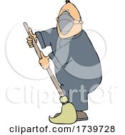 Poster, Art Print Of Cartoon Male Custodian Wearing A Mask And Mopping