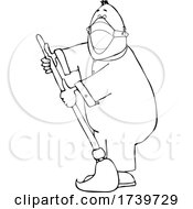 Cartoon Black And White Male Custodian Wearing A Mask And Mopping