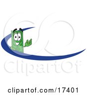 Dollar Bill Mascot Cartoon Character Waving And Standing Behind A Blue Dash On An Employee Nametag Or Business Logo