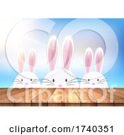 Poster, Art Print Of Easter Background With Bunnies Looking Over A Wooden Table
