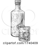 Cocktail Bottle And Glass With Ice Vintage Woodcut
