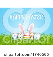 Poster, Art Print Of Easter Background With Eggs In Grass And Bunny Ears