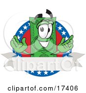 Poster, Art Print Of Dollar Bill Mascot Cartoon Character On An American Label With A Blank White Banner