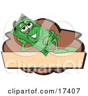 Poster, Art Print Of Dollar Bill Mascot Cartoon Character Reclining On A Blank Tan And Brown Label