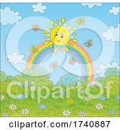 Poster, Art Print Of Happy Sun And Butterflies With A Rainbow