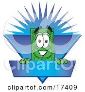 Poster, Art Print Of Dollar Bill Mascot Cartoon Character On A Blank Blue Label With A Burst