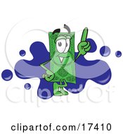 Poster, Art Print Of Dollar Bill Mascot Cartoon Character Pointing Upwards And Standing In Front Of A Blue Paint Splatter On A Business Logo