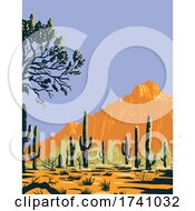 Poster, Art Print Of Saguaro Cactus Or Carnegiea Gigantea In Ironwood Forest National Monument Section Of The Sonoran Desert In Arizona Wpa Poster Art