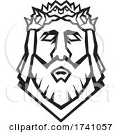 Poster, Art Print Of Head Of Jesus Christ The Redeemer Wearing Crown Of Thorns Viewed From Front Retro Woodcut Black And White Style