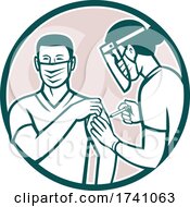 Poster, Art Print Of Frontline Worker Vaccinated With Covid-19 Vaccine By A Medical Doctor Or Nurse Set In Circle Retro Icon