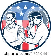 Poster, Art Print Of American Frontline Worker Vaccinated With Covid-19 Vaccine By A Medical Doctor Or Nurse With Usa Flag Retro Icon