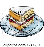 Poster, Art Print Of Cake Sponge Slice Jam Cream Woodcut Drawing