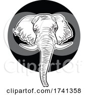 Elephant Mascot Head Over A Circle In Black And White
